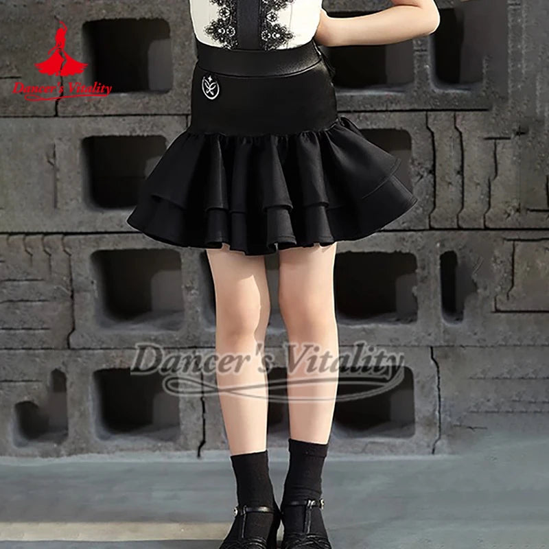 Girls' Ivory & Black Lace Spaghetti Strap Ruffle Latin Dance Dress