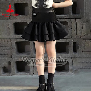 Girls' Ivory & Black Lace Spaghetti Strap Ruffle Latin Dance Dress