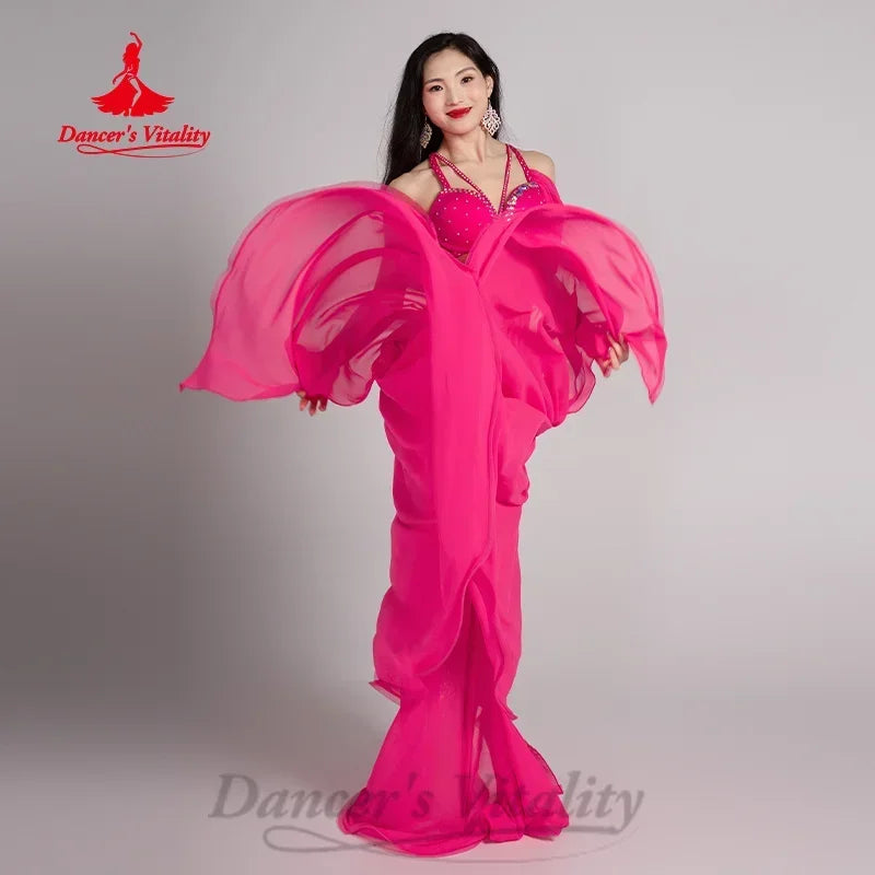 Belly Dance Costume, Women's Hot Pink Chiffon Beaded Halter Top & Skirt Set, Flowy Performance Apparel