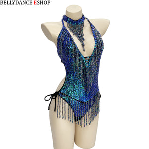 Belly Dance Leotard, Women's, Blue Sequin & Beaded Fringe Halter Neck, Belly Dance