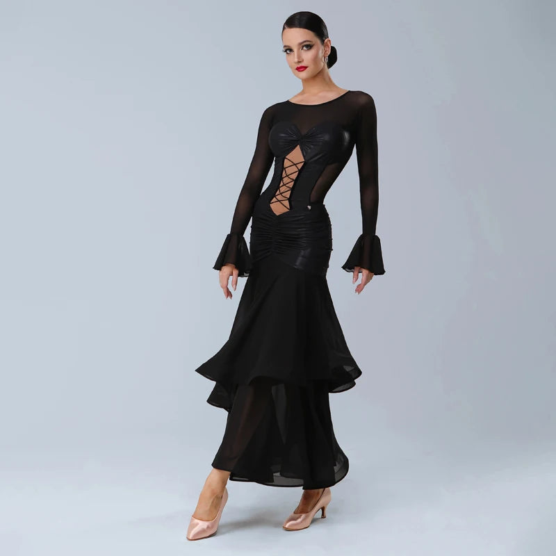 Women's Black Mesh & Faux Leather Lace-Up Ballroom Dance Dress