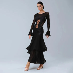 Women's Black Mesh & Faux Leather Lace-Up Ballroom Dance Dress