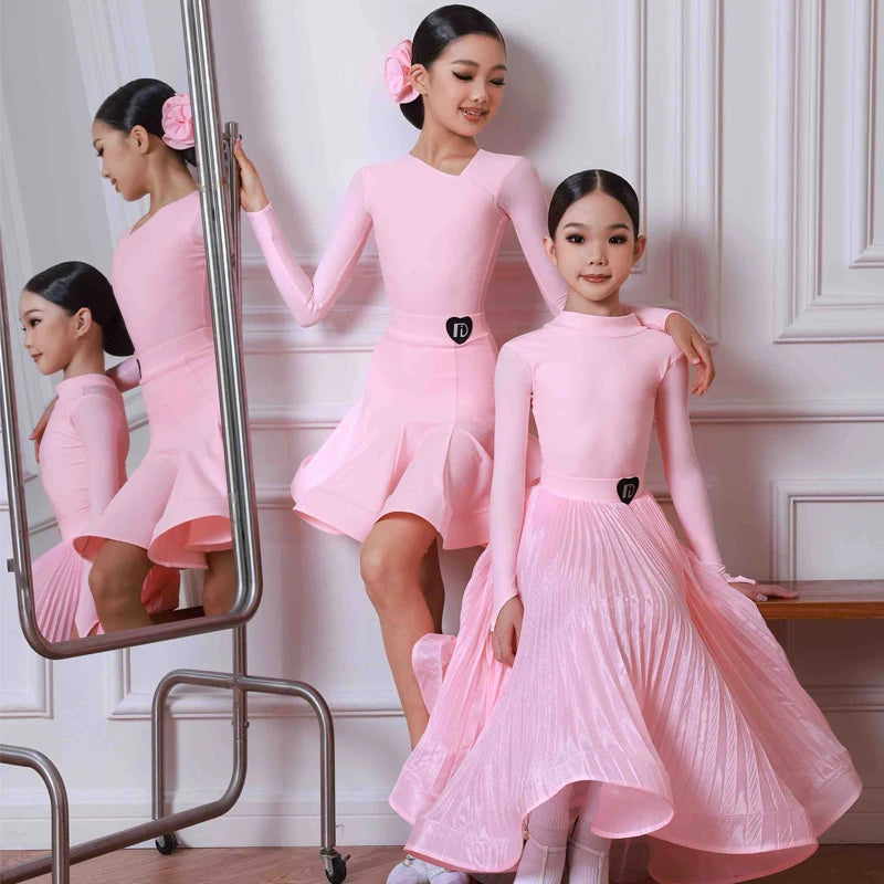 Girls Pink Long Sleeve Pleated Ballroom Dance Dress with Heart Logo