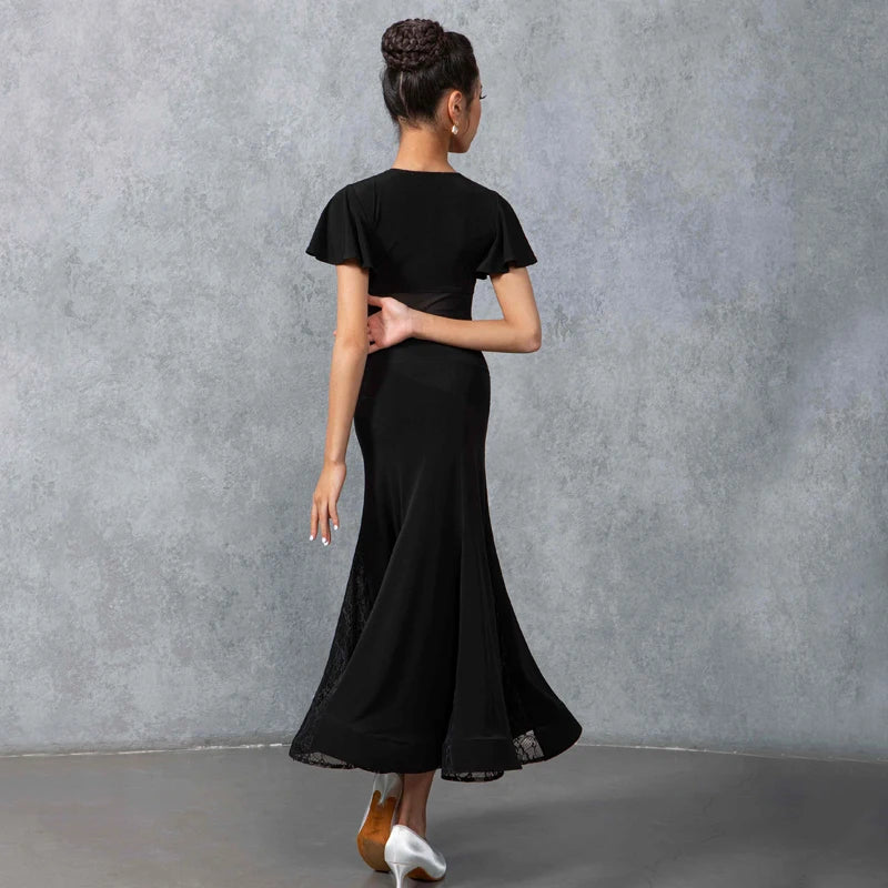 Women's Black Mesh & Ruffle Sleeve Ballroom Dance Dress with Floral Applique
