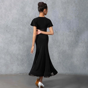 Women's Black Mesh & Ruffle Sleeve Ballroom Dance Dress with Floral Applique