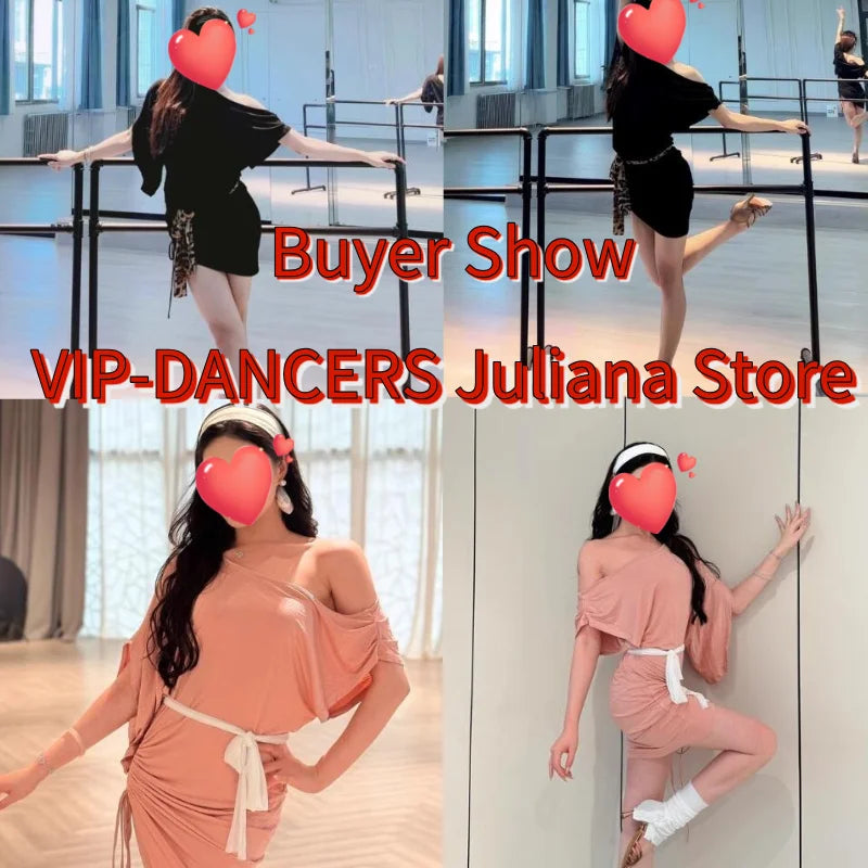 Dance Dress Women Black Off-Shoulder Short Sleeve Leopard Tie Waist Mini Dress for Ballet & Modern Dance