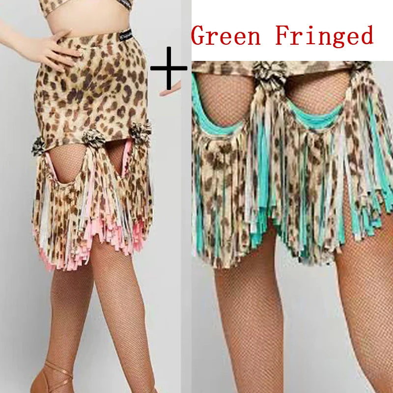 Women's Leopard Print Pink Fringe Latin Dance Dress, Mesh Sleeves