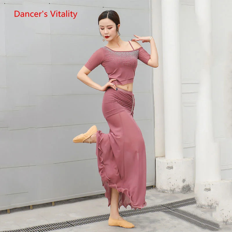 Women's Pink Rhinestone Off-Shoulder Crop Top and Ruched Maxi Skirt Latin Dance Set