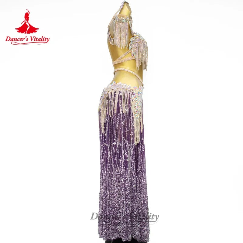 Women's Belly Dance Bra and Long Skirt Set With Sequin Tassels and AB Rhinestones For Competition