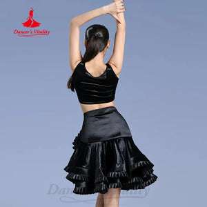 Women's Black Satin Cutout Crop Top & Ruffled Skirt Latin Dance Set