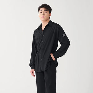 Men's Black & White Long Sleeve Button-Up Dance Shirts with Logo, Black Trousers, and Black Dance Shoes - Ballroom/Latin