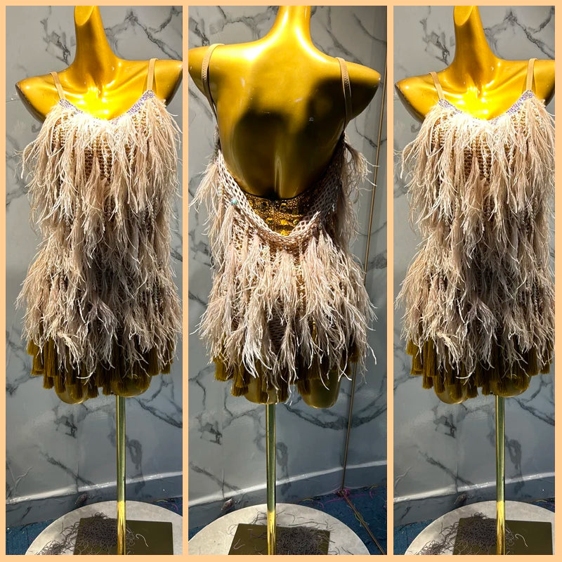 Women's Beige Ostrich Feather Fringe Latin Dance Dress with Open Back