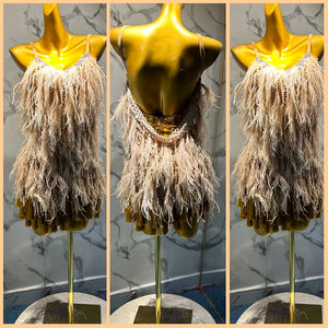 Women's Beige Ostrich Feather Fringe Latin Dance Dress with Open Back