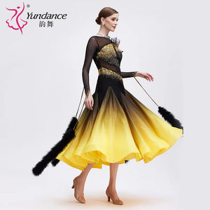 Women's Ballroom Dance Dress With Ombre Satin Chiffon In Yellow And Black For Competition