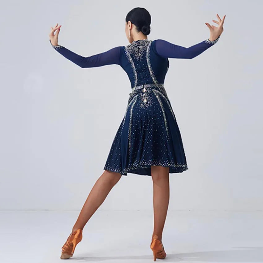 Women's And Girls Latin Ballroom Competition Dress With Rhinestones Chinese Style For Performance