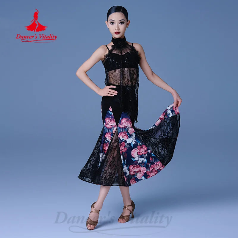 Girls Black Floral Lace Ballroom Dance Dress - High Neck, Sleeveless, Mermaid Skirt