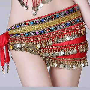 Belly Dance Hip Scarf, Women's Green Sequin & Coin Fringe Velvet & Chiffon Belly Dance Hip Scarf