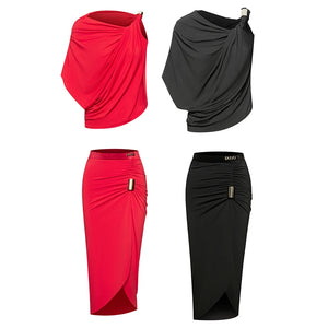 Women's Red & Black Drape Asymmetrical Slit Latin Dance Dress with Buckle Detail