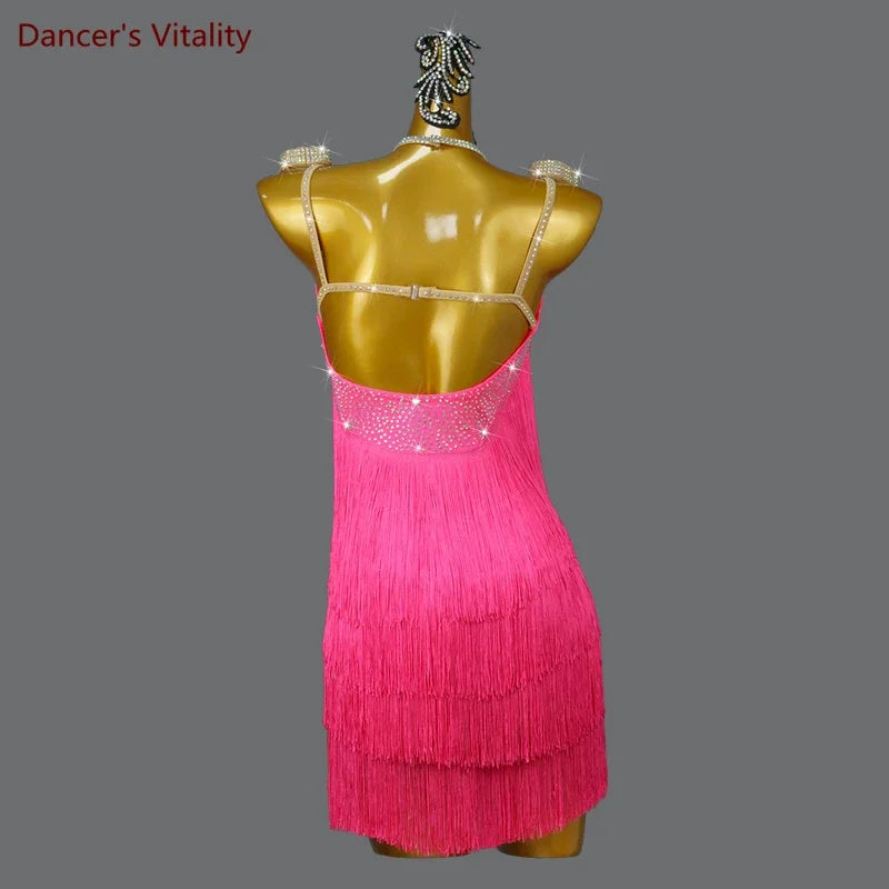 Women's Hot Pink Fringe Sequin Spaghetti Strap Latin Dance Dress