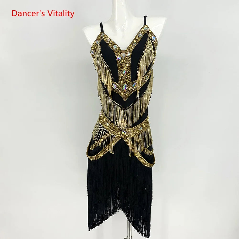 Women's Black, Gold & Tan Beaded Fringe Latin Salsa Dance Dress with Rhinestone Belt