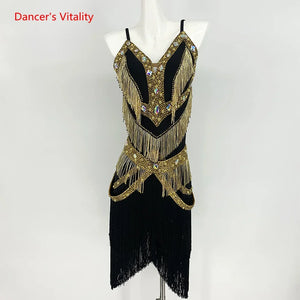 Women's Black, Gold & Tan Beaded Fringe Latin Salsa Dance Dress with Rhinestone Belt