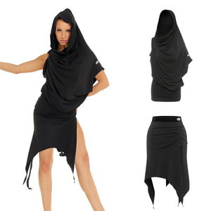Women's Black Hooded Draped Top and Asymmetrical Skirt Latin Dance Set