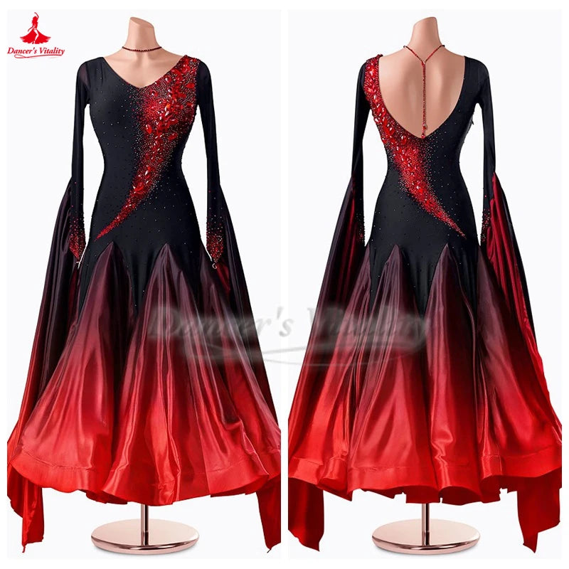Women's Black and Red Ombre Beaded Long Sleeve Ballroom Dance Dress