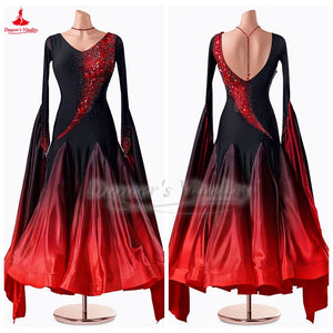 Women's Black and Red Ombre Beaded Long Sleeve Ballroom Dance Dress