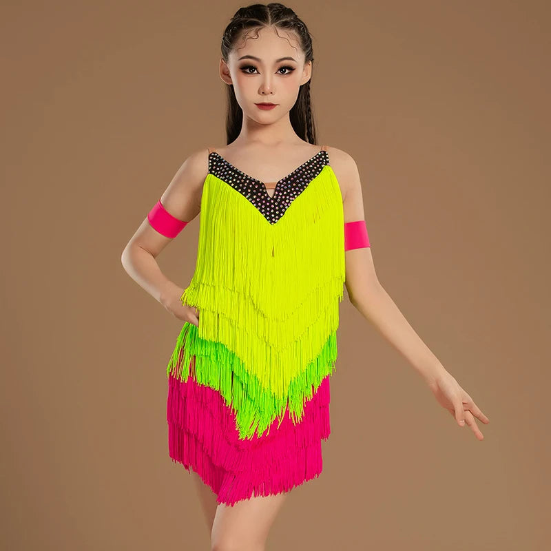 Girls' Neon Green & Hot Pink Fringe Sequin Latin Dance Dress