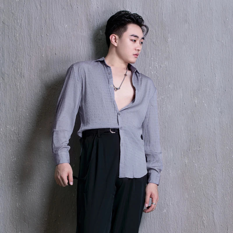 Men's White Linen Short-Sleeve Shirt with Silver Chain and Blue Pleated Trousers