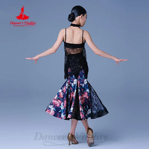 Girls Black Floral Lace Ballroom Dance Dress - High Neck, Sleeveless, Mermaid Skirt