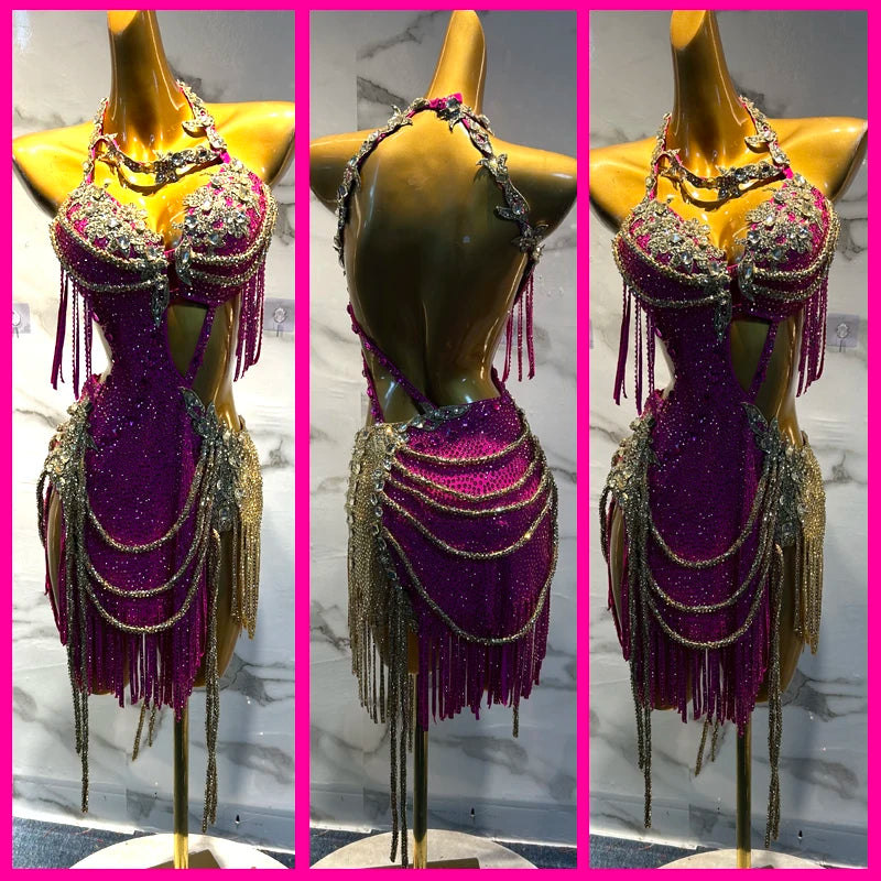 Latin Dance Dress Women's Fuchsia Sequin Beaded Fringe Halterneck Backless Salsa Rumba Cha Cha Costume