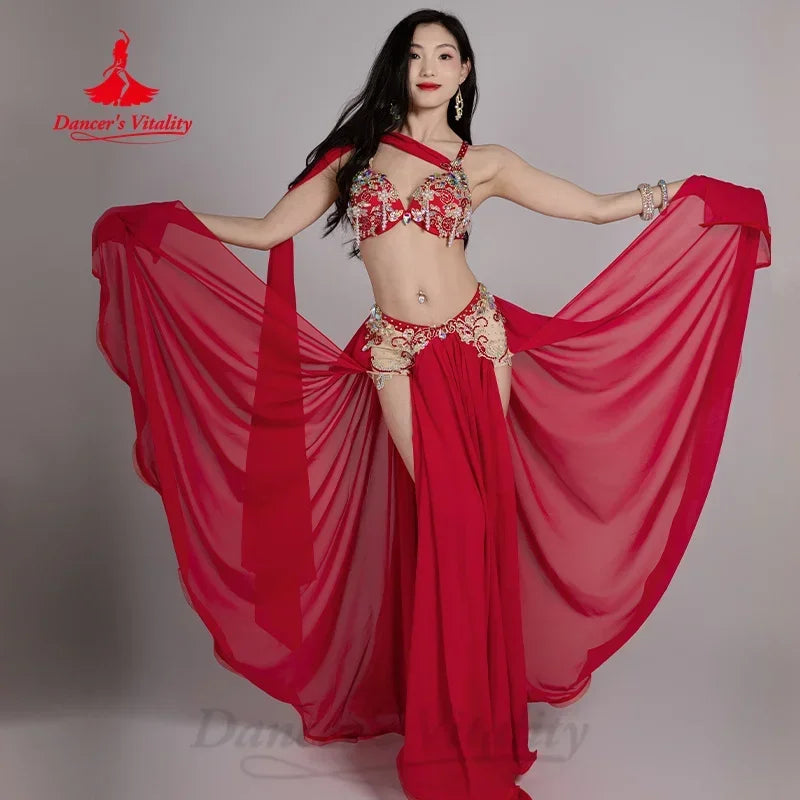 Belly Dance Set Women's Customized Exquisite Pearl Bra+Sexy Split Long Skirt 2pcs Belly Dancer Professional Performance Costume