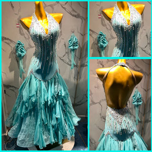 Women's Aqua Blue Halter Rhinestone Beaded Ruffled Lace Ballroom Dance Dress