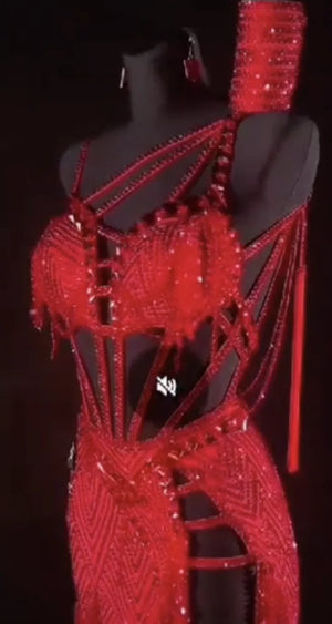 Women's Red Sequin Beaded Fringe Latin Dance Dress