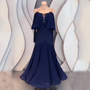 Ballroom Dance Dress Women Navy Blue Chiffon Off-Shoulder Lace-Up Back Long Sleeve Full Skirt