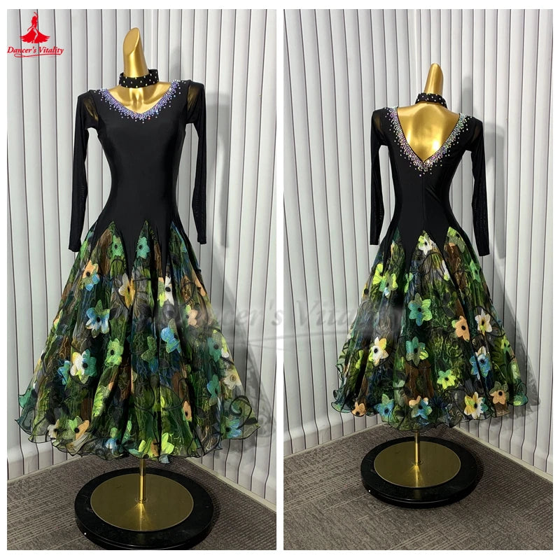 Women's Black Multi-Color Floral Ballroom Dance Dress with Long Sleeves and V-Neck Rhinestone Detail