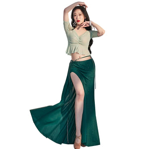 Women's Green Glitter Slit Maxi Skirt & Ruffled V-Neck Top Belly Dance Costume