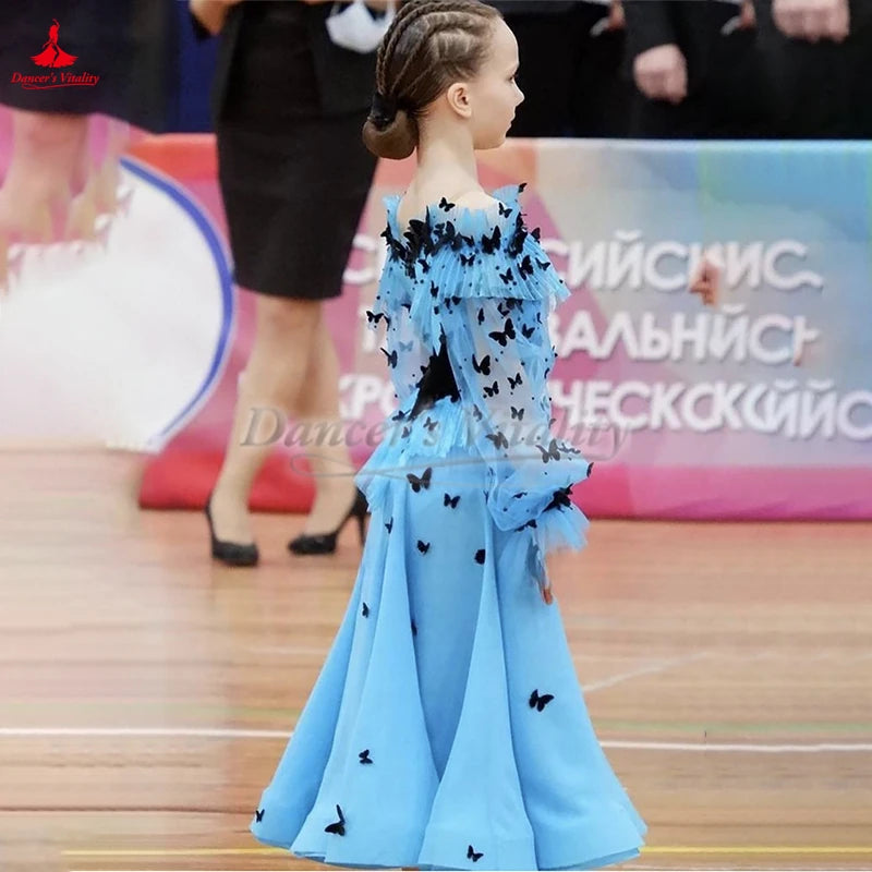 Ballroom Dance Dress Girls Blue Black Butterfly Mesh Long Sleeve Smooth Standard