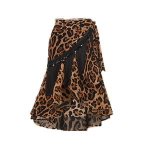 Women's Black Long Sleeve Knot Front Crop Top and Leopard Print Ruffle Skirt Latin Dancewear Set