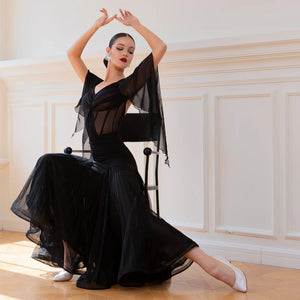 Women's Black Mesh & Chiffon Ballroom Dance Dress with Bell Sleeves