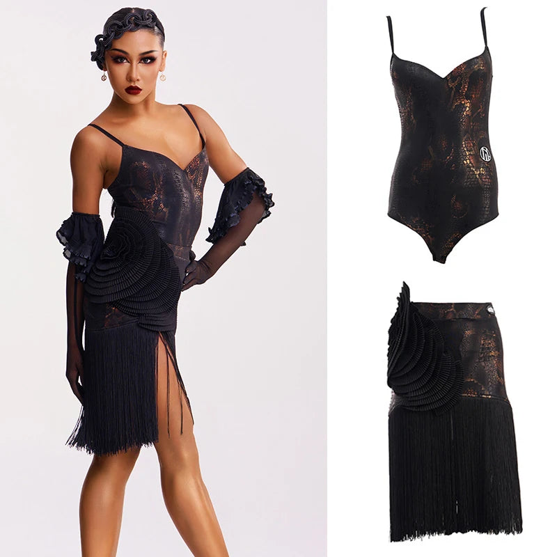 Women's Black & Bronze Snake Print Fringe Latin Dance Dress with Pleated Fan Detail