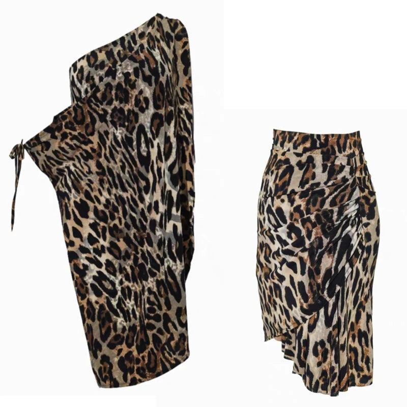 Women's Brown Leopard Print One-Shoulder Asymmetrical Hem Latin Dance Dress