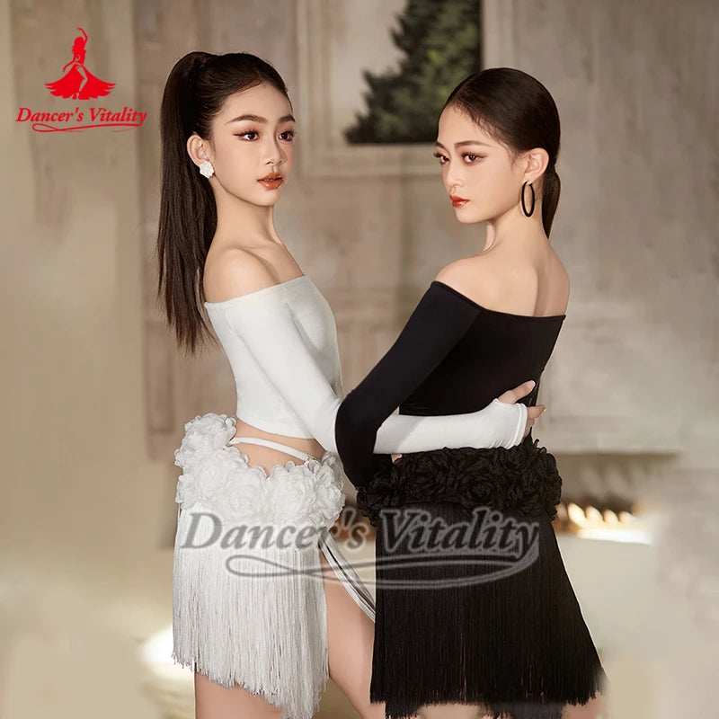 Latin Dance Dress Girls White Black Off Shoulder Fringe Skirt Ballroom Rumba Samba Cha Cha Dancewear