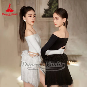 Latin Dance Dress Girls White Black Off Shoulder Fringe Skirt Ballroom Rumba Samba Cha Cha Dancewear