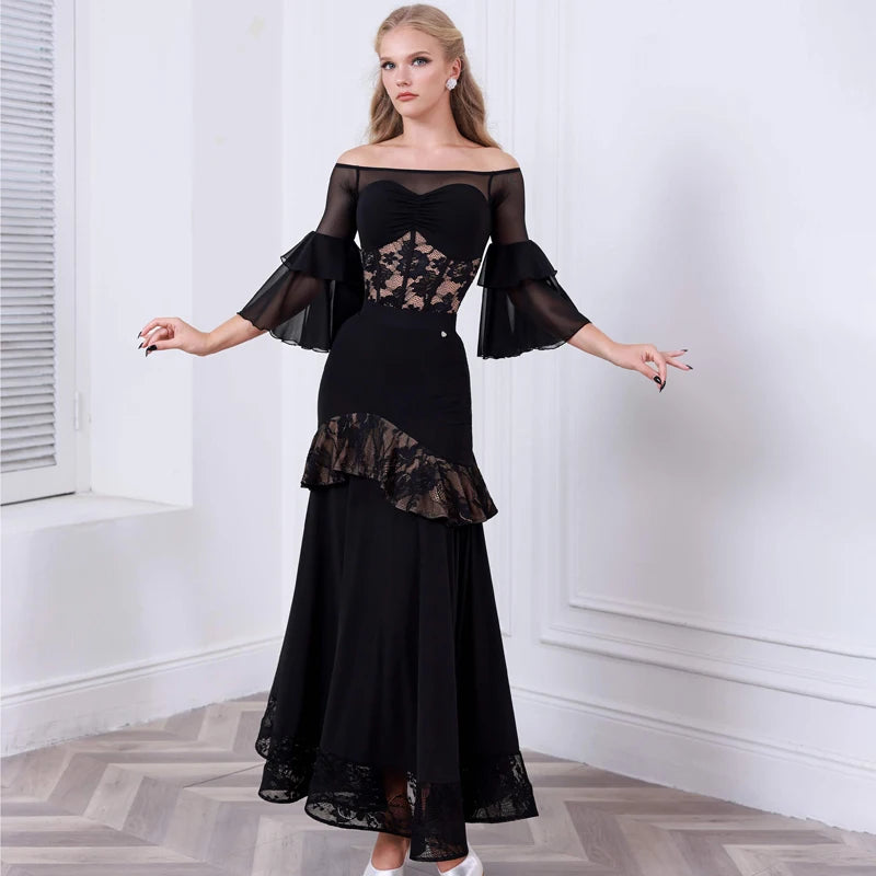 Women's Black Off-Shoulder Lace & Mesh Tiered Ruffle Sleeve Ballroom Dance Dress with Asymmetrical Ruffle Skirt