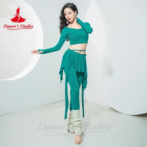 Belly Dance Practice Set Women's Teal Green Long Sleeve Crop Top with Skirted Leggings and Ribbed Leg Warmers