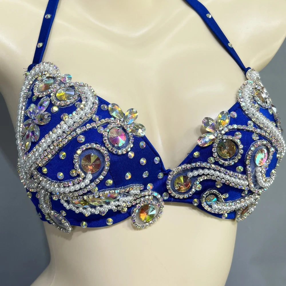 Belly Dance Costume Womens Royal Blue Halter Bra and Hip Scarf with Silver Embroidery, Rhinestones, and Beaded Fringe for Performance