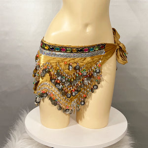 Belly Dance Hip Scarf, Women's Blue Gold Coin & Jewel Embellished Chiffon Waist Wrap, Tribal Fusion Bellydance