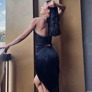 Women's Black & Brown Lace Halter Neck Fringe Latin Dance Dress